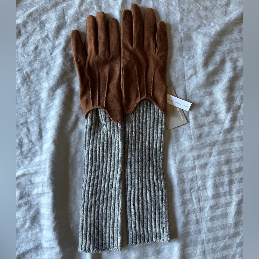 Soia & Kyo Brown Suede and Gray Knit Gloves
